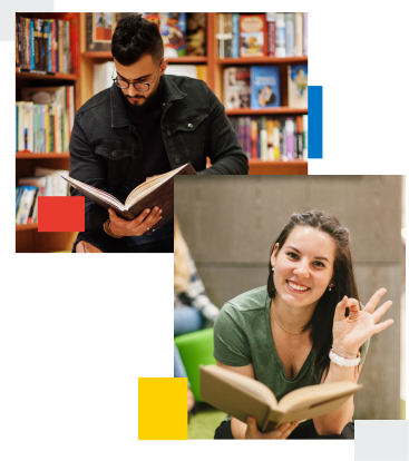 Hombre leyendo un libro en una biblioteca y mujer sonriendo mientras sostiene un libro en un entorno colorido y acogedor. Predominan tonos cálidos y elementos de lectura.