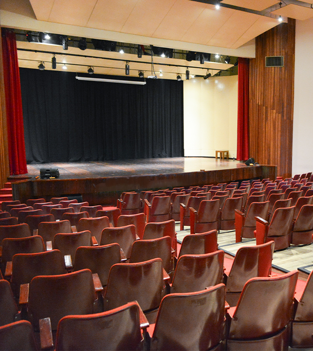 Auditorio con asientos en fila, tarima al fondo con cortina negra, iluminación en el techo y paredes de madera, colores predominantes marrón y rojo.