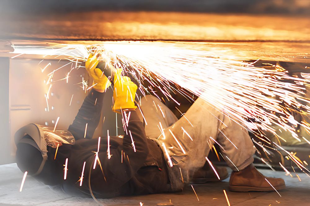 Trabajador en posición horizontal utiliza una herramienta que genera chispas, vistiendo guantes amarillos y un casco de protección, sobre una superficie de metal en un entorno industrial.