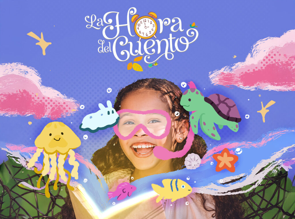 Niña sonriente con gafas de buceo, rodeada de ilustraciones de criaturas marinas y elementos coloridos sobre un fondo azul. Texto "La Hora del Cuento" en la parte superior.