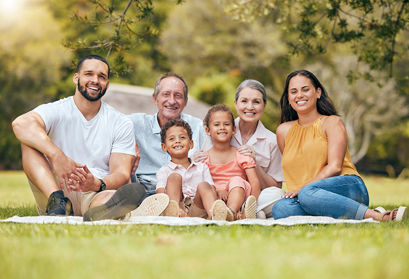 Grupo familiar sentado en un campo, sonriendo. Dos adultos, dos niños y dos personas mayores. Predominan los colores verdes y neutros del entorno natural.