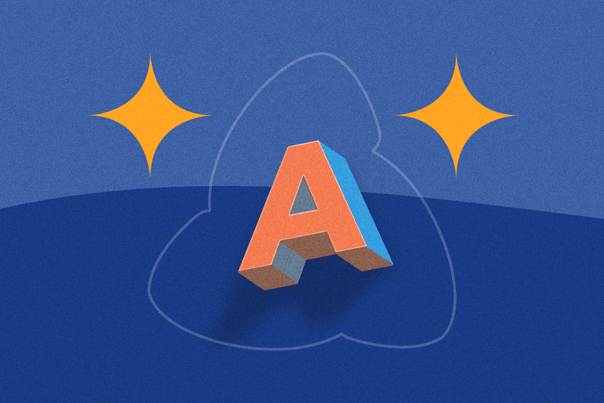 Letra "A" en tonos naranja y azul, sobre fondo azul con brillos y forma abstracta.