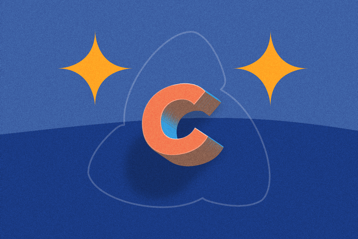 Letra "C" en tonos naranja y azul, situada sobre un fondo azul con formas abstractas y destellos amarillos en los extremos.