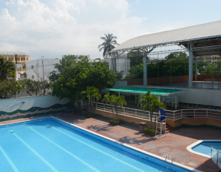 Piscina azul con borde de cerámica, rodeada de palmeras y vegetación. Estructura techada al fondo y edificios visibles en el entorno. Cielo parcialmente nublado.