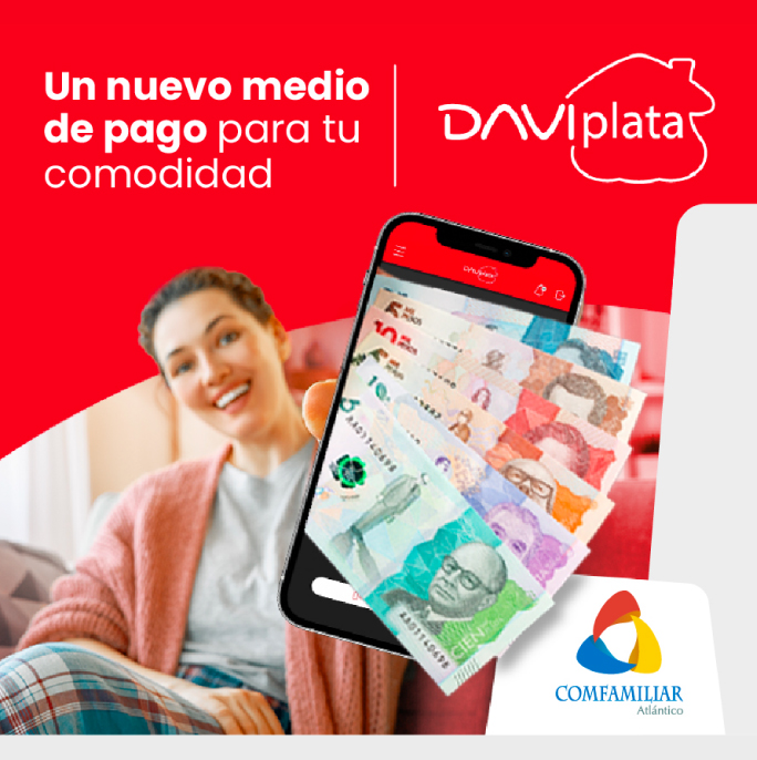 Mujer sonriente sosteniendo un teléfono móvil con imágenes de billetes, fondo rojo y texto promocional de Daviplata.