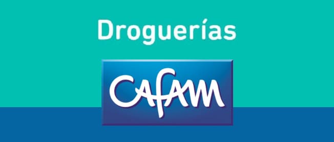 Logotipo de Droguerías Cafam, con fondo azul y texto en blanco y verde, destacando el nombre de la empresa.
