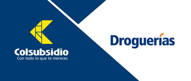 Logotipo de Colsubsidio en amarillo y azul, acompañado del texto "Droguerías" en color azul. Fondo dividido en azul y blanco.